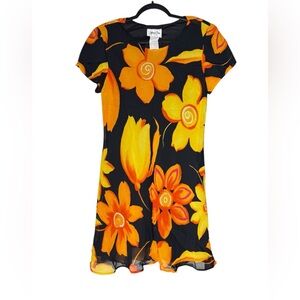Jeffrey & Dara Dress Sz 12 Floral Black Orange Yellow Mini Retro VTG 90s USA